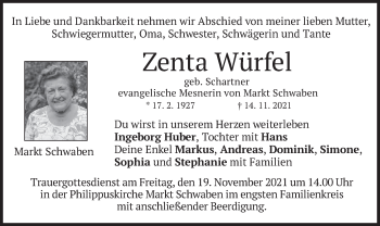 Traueranzeige von Zenta Würfel von merkurtz