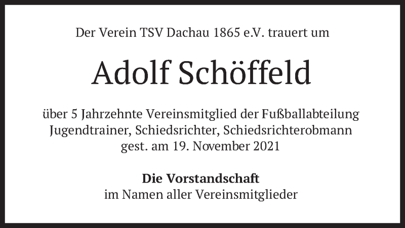  Traueranzeige für Adolf Schöffeld vom 01.12.2021 aus merkurtz