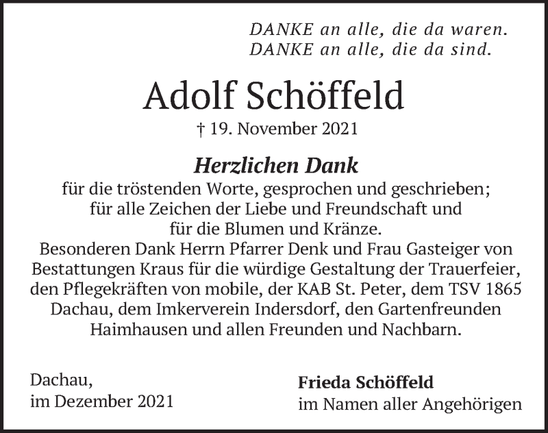  Traueranzeige für Adolf Schöffeld vom 23.12.2021 aus merkurtz