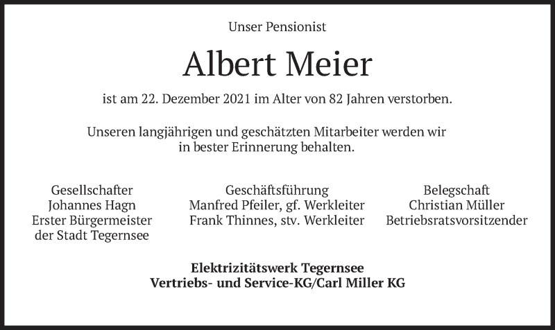  Traueranzeige für Albert Meier vom 29.12.2021 aus merkurtz