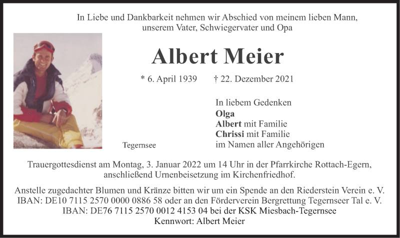  Traueranzeige für Albert Meier vom 29.12.2021 aus merkurtz