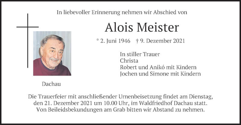  Traueranzeige für Alois Meister vom 18.12.2021 aus merkurtz