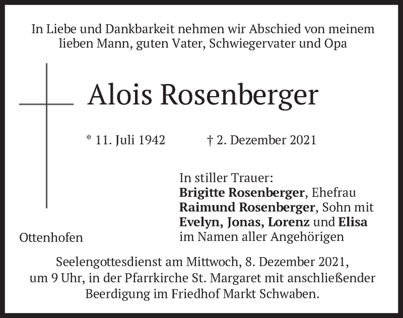  Traueranzeige für Alois Rosenberger vom 04.12.2021 aus merkurtz