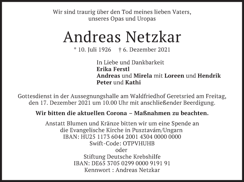  Traueranzeige für Andreas Netzkar vom 11.12.2021 aus merkurtz