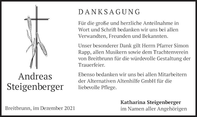  Traueranzeige für Andreas Steigenberger vom 18.12.2021 aus merkurtz