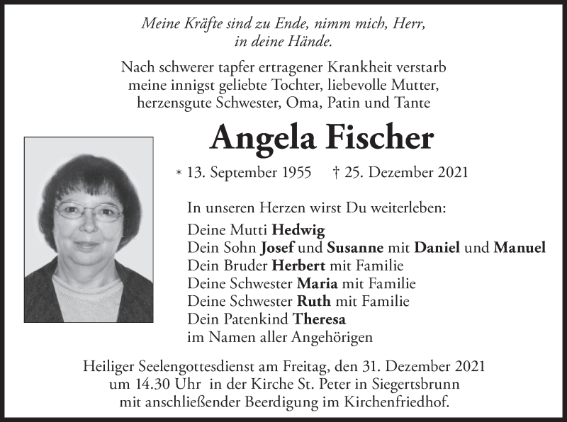  Traueranzeige für Angela Fischer vom 30.12.2021 aus merkurtz