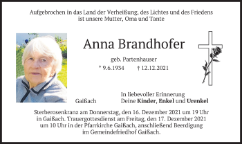 Traueranzeige von Anna Brandhofer von merkurtz