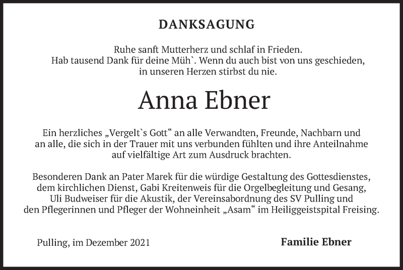  Traueranzeige für Anna Ebner vom 20.12.2021 aus merkurtz