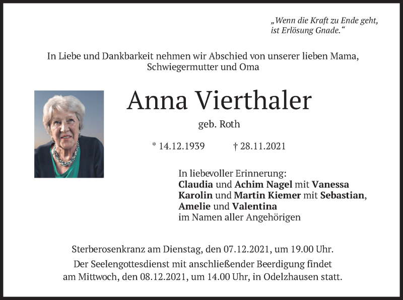  Traueranzeige für Anna Vierthaler vom 04.12.2021 aus merkurtz