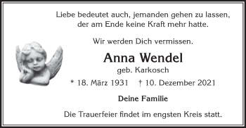 Traueranzeige von Anna Wendel von merkurtz
