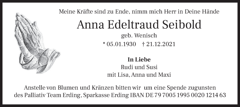  Traueranzeige für Anna Edeltraud Seibold vom 24.12.2021 aus merkurtz