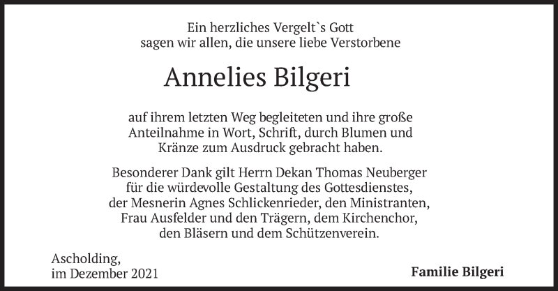  Traueranzeige für Annelies Bilgeri vom 24.12.2021 aus merkurtz