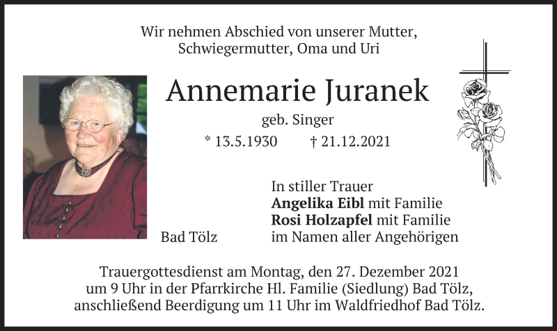  Traueranzeige für Annemarie Juranek vom 24.12.2021 aus merkurtz