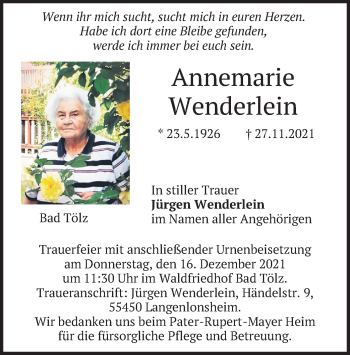 Traueranzeige von Annemarie Wenderlein von merkurtz