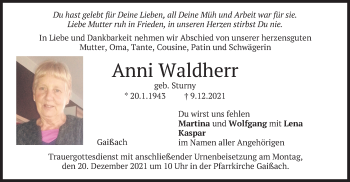 Traueranzeige von Anni Waldherr von merkurtz