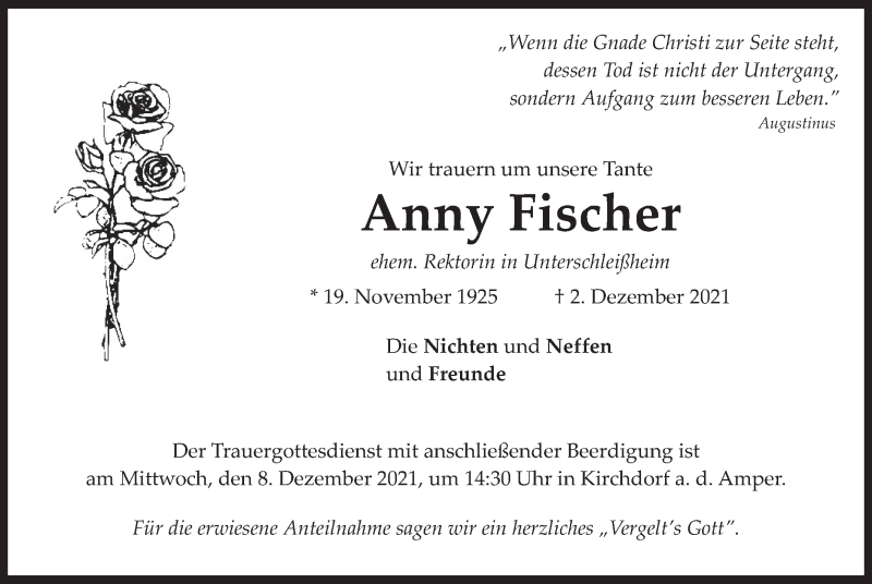  Traueranzeige für Anny Fischer vom 04.12.2021 aus merkurtz