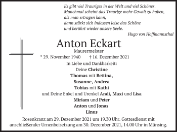 Traueranzeige von Anton Eckart von merkurtz