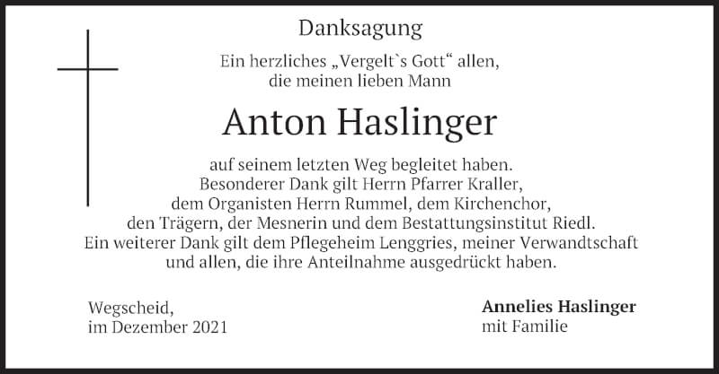  Traueranzeige für Anton Haslinger vom 18.12.2021 aus merkurtz