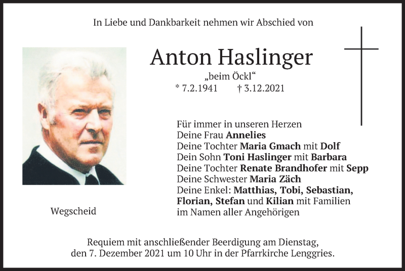  Traueranzeige für Anton Haslinger vom 04.12.2021 aus merkurtz