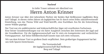 Traueranzeige von Anton Krinner von merkurtz