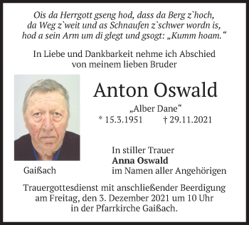 Traueranzeige von Anton Oswald von merkurtz