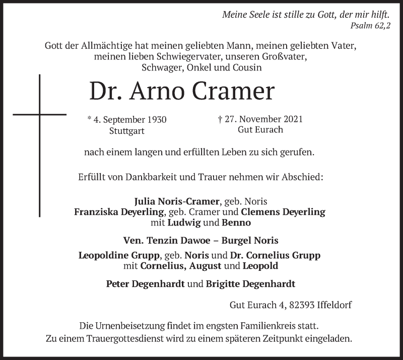 Traueranzeige für Arno Cramer vom 04.12.2021 aus merkurtz