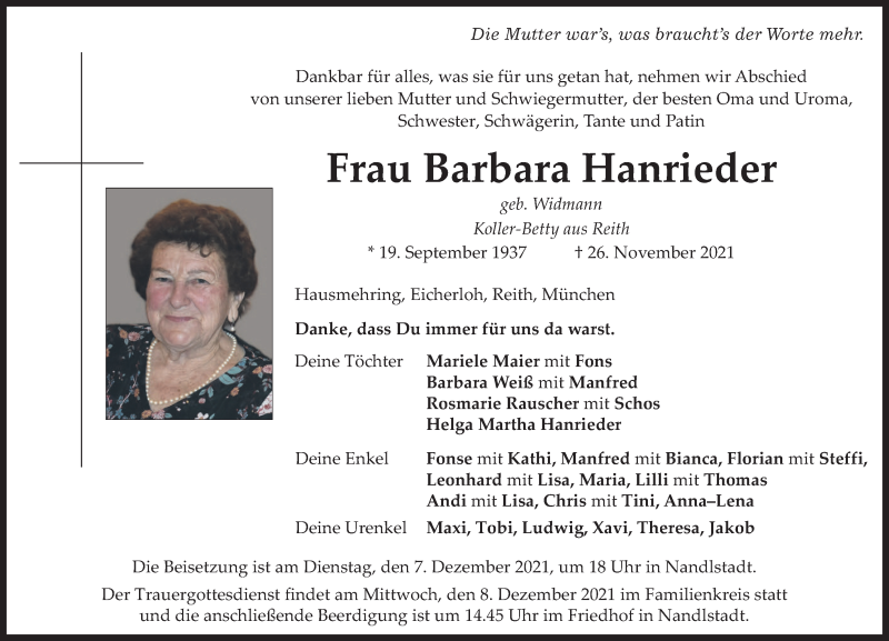  Traueranzeige für Barbara Hanrieder vom 04.12.2021 aus merkurtz