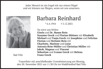 Traueranzeige von Barbara Reinhard von merkurtz