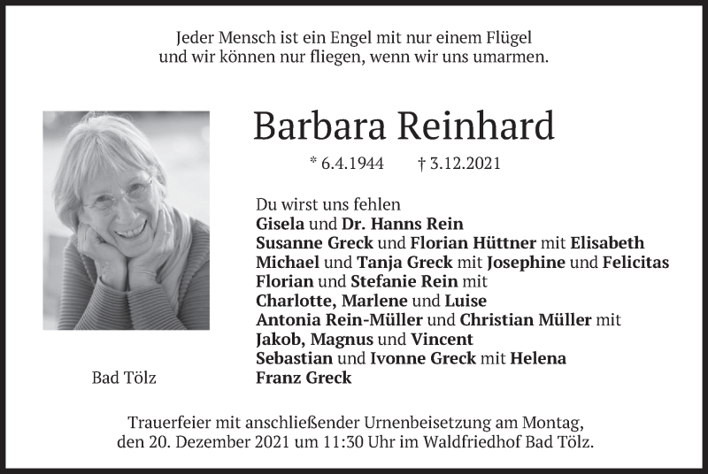  Traueranzeige für Barbara Reinhard vom 16.12.2021 aus merkurtz