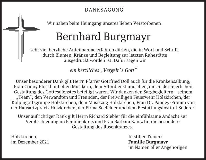  Traueranzeige für Bernhard Burgmayr vom 11.12.2021 aus merkurtz