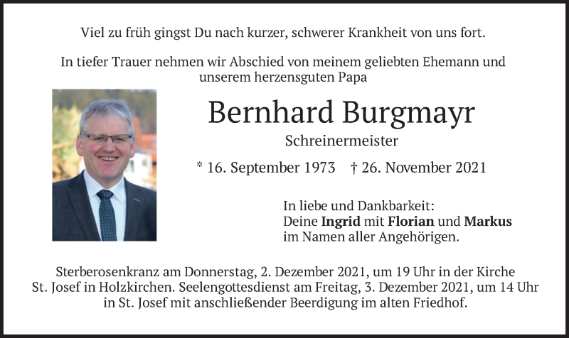  Traueranzeige für Bernhard Burgmayr vom 01.12.2021 aus merkurtz