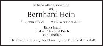 Traueranzeige von Bernhard Hein von merkurtz