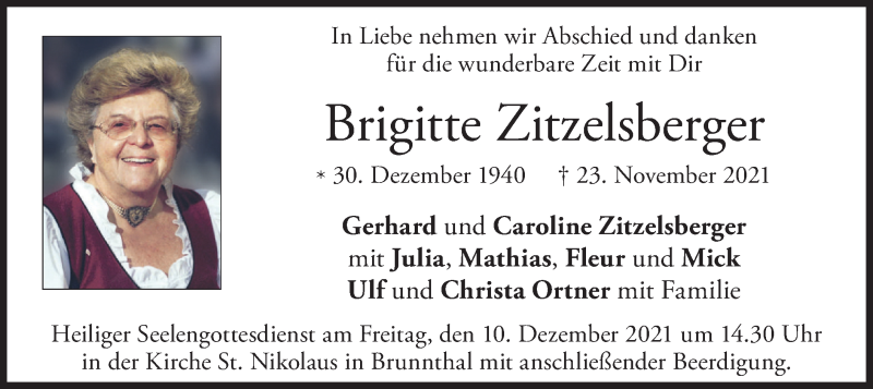  Traueranzeige für Brigitte Zitzelsberger vom 04.12.2021 aus merkurtz