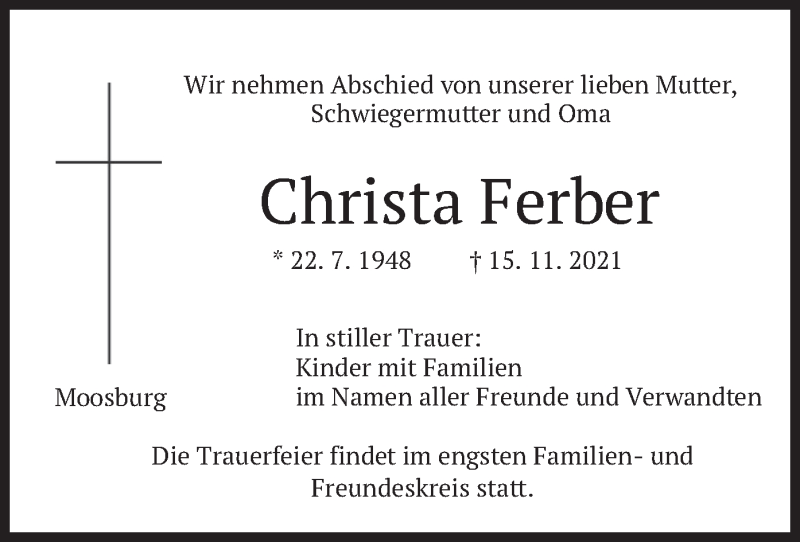  Traueranzeige für Christa Ferber vom 03.12.2021 aus merkurtz