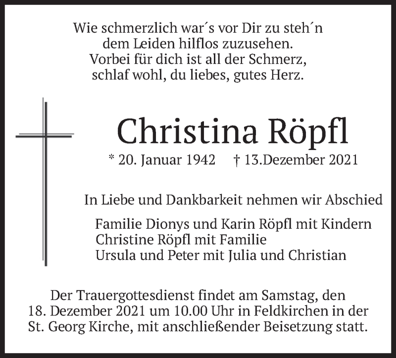  Traueranzeige für Christina Röpfl vom 17.12.2021 aus merkurtz