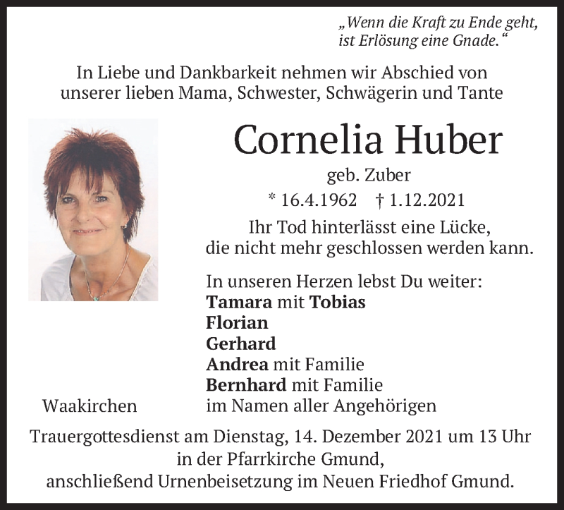  Traueranzeige für Cornelia Huber vom 11.12.2021 aus merkurtz