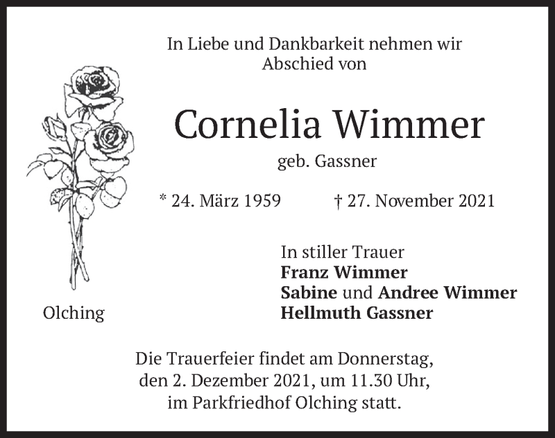  Traueranzeige für Cornelia Wimmer vom 01.12.2021 aus merkurtz