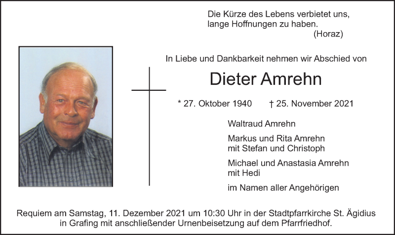  Traueranzeige für Dieter Amrehn vom 04.12.2021 aus merkurtz