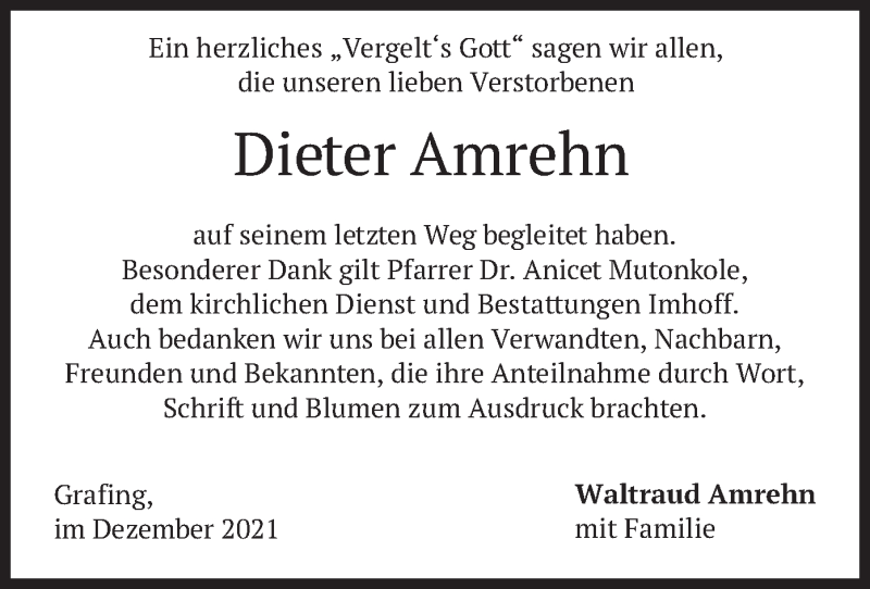  Traueranzeige für Dieter Amrehn vom 30.12.2021 aus merkurtz