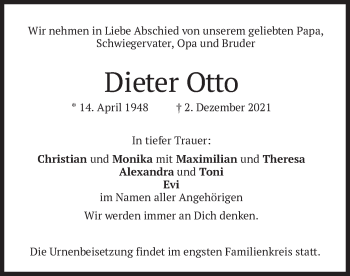 Traueranzeige von Dieter Otto von merkurtz