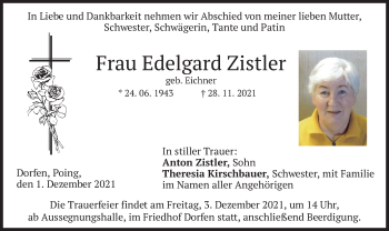 Traueranzeige von Edelgard Zistler von merkurtz