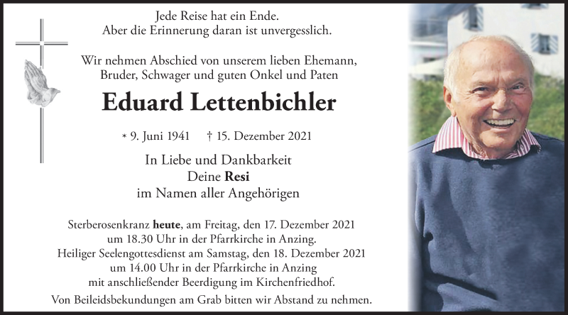  Traueranzeige für Eduard Lettenbichler vom 17.12.2021 aus merkurtz