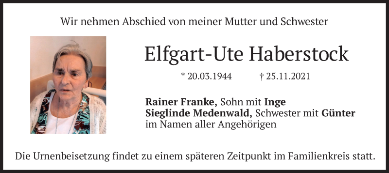  Traueranzeige für Elfgart-Ute Haberstock vom 02.12.2021 aus merkurtz