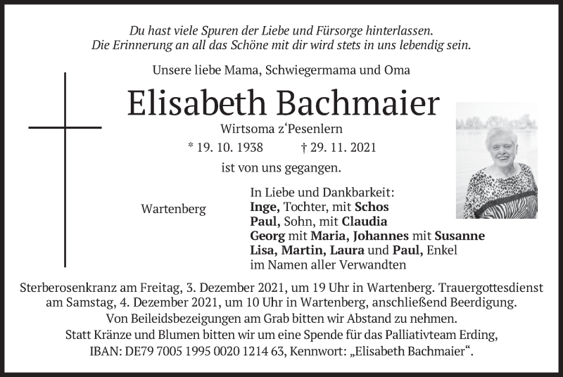  Traueranzeige für Elisabeth Bachmaier vom 01.12.2021 aus merkurtz