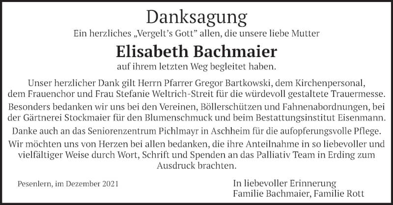  Traueranzeige für Elisabeth Bachmaier vom 18.12.2021 aus merkurtz