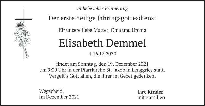  Traueranzeige für Elisabeth Demmel vom 16.12.2021 aus merkurtz