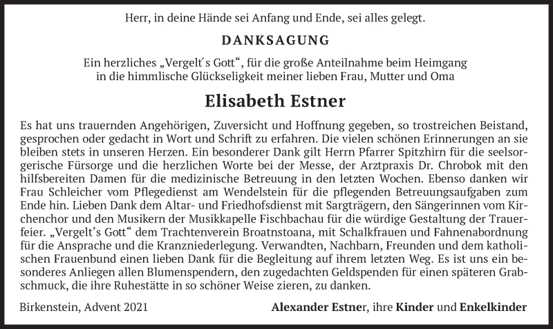 Traueranzeige für Elisabeth Estner vom 11.12.2021 aus merkurtz