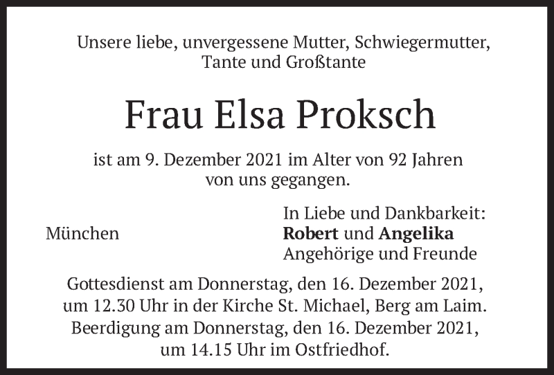  Traueranzeige für Elsa Proksch vom 15.12.2021 aus merkurtz