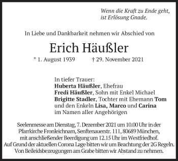Traueranzeige von Erich Häußler von merkurtz