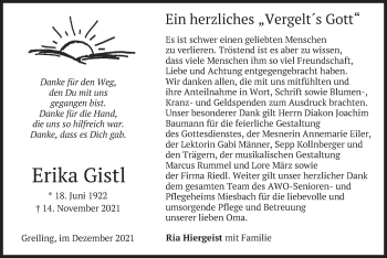 Traueranzeige von Erika Gistl von merkurtz